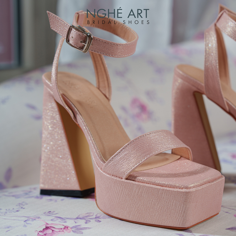Giày cưới Nghé Art basic sandal 13 phân mũi đúp nhũ hồng pastel 531-nhu-hong - Ảnh 2 - Nghé Art Bridal Shoes – 0822288288