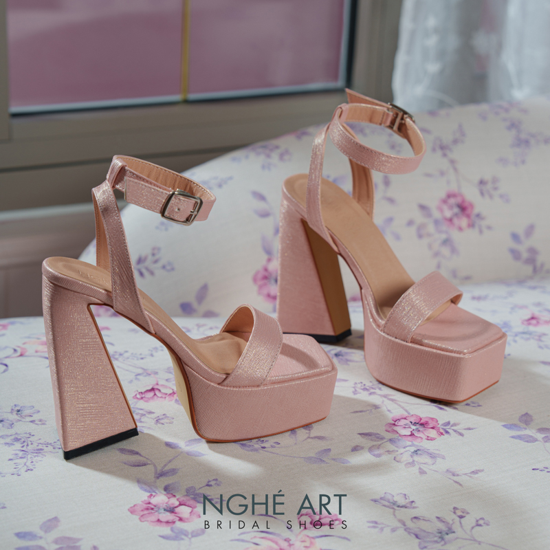 Giày cưới Nghé Art basic sandal 13 phân mũi đúp nhũ hồng pastel 531-nhu-hong - Ảnh 3 - Nghé Art Bridal Shoes – 0822288288