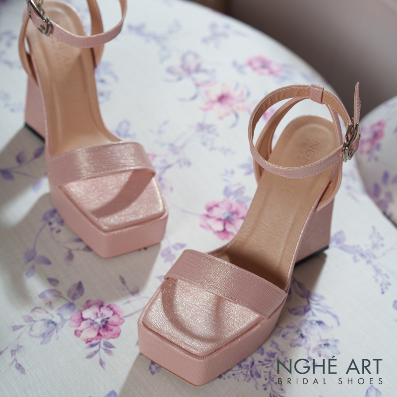 Giày cưới Nghé Art basic sandal 13 phân mũi đúp nhũ hồng pastel 531-nhu-hong - Ảnh 4 - Nghé Art Bridal Shoes – 0822288288