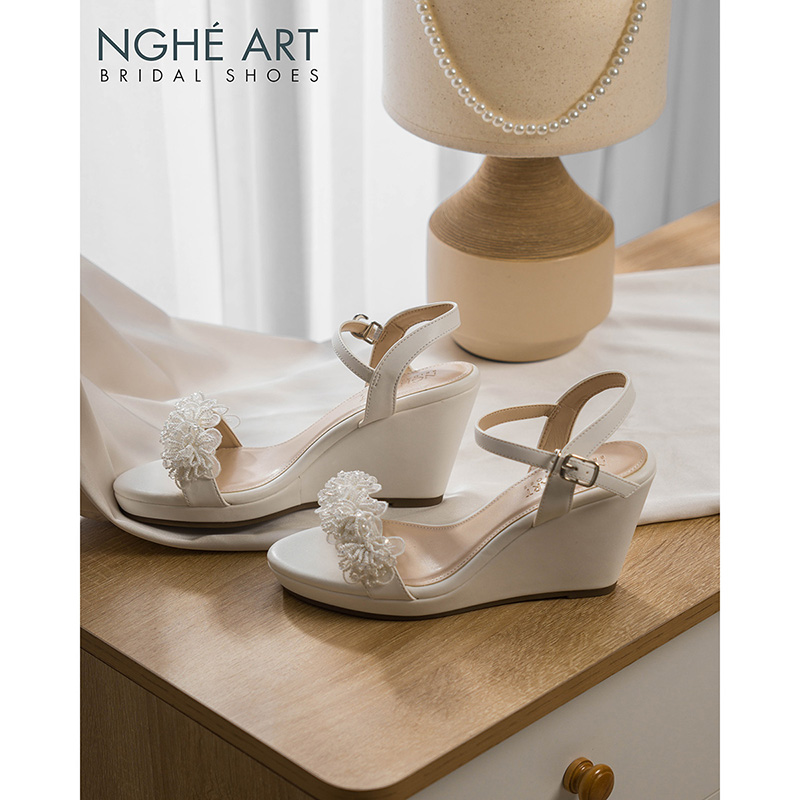Giày cưới Nghé Art đế xuồng hoa voan pha lê 8 cm 537-236-8P-DA-TRANG - Ảnh 2 - Nghé Art Bridal Shoes – 0822288288
