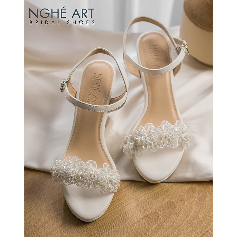 Giày cưới Nghé Art đế xuồng hoa voan pha lê 8 cm 537-236-8P-DA-TRANG - Ảnh 3 - Nghé Art Bridal Shoes – 0822288288