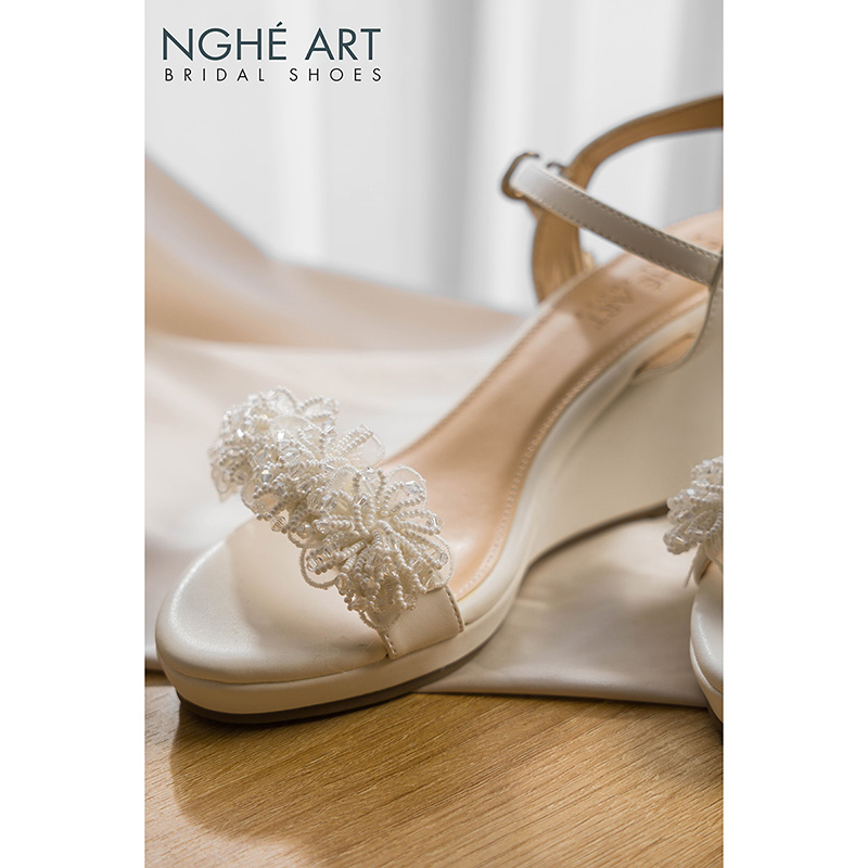 Giày cưới Nghé Art đế xuồng hoa voan pha lê 8 cm 537-236-8P-DA-TRANG - Ảnh 5 - Nghé Art Bridal Shoes – 0822288288