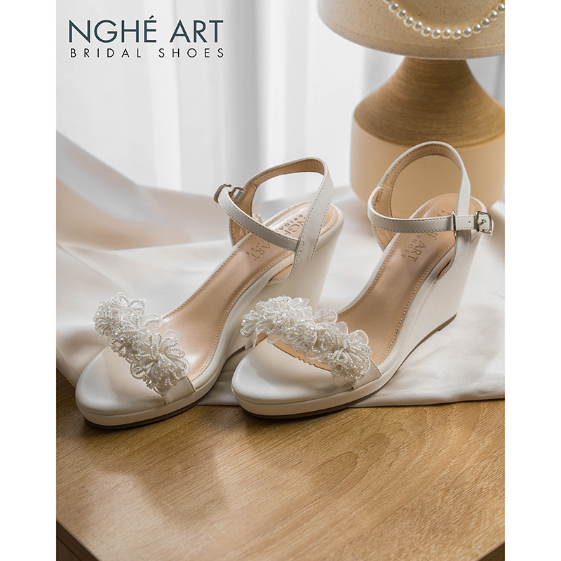 Giày cưới Nghé Art đế xuồng hoa voan pha lê 8 cm 537-236-8P-DA-TRANG - Ảnh 6 - Nghé Art Bridal Shoes – 0822288288