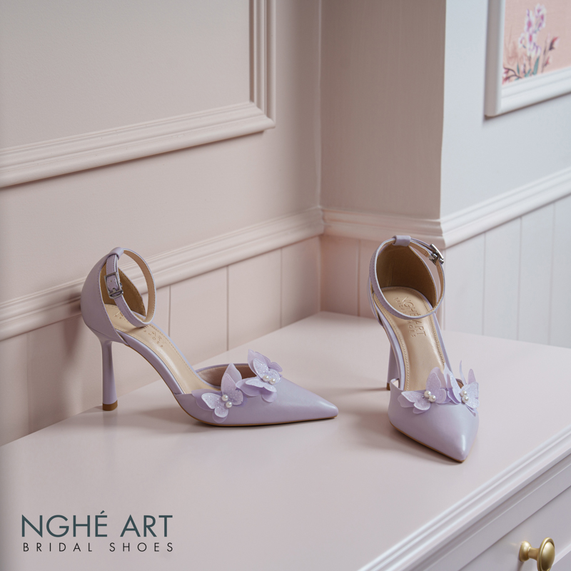 Giày cưới Nghé Art đính hoa cánh bướm tím pastel 570-340-da-tim - Ảnh 1 - Nghé Art Bridal Shoes – 0822288288