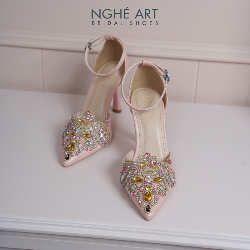 Giày cưới Nghé Art phối đá bling bling 10 phân nhũ hồng pastel 562-340-nhu-hong - Ảnh 1 - Nghé Art Bridal Shoes – 0822288288