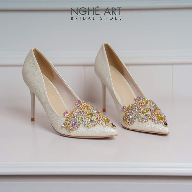 Giày cưới Nghé Art phối đá bling bling 10 phân nhũ vàng champage 562-377-nhu-vang - Ảnh 1 - Nghé Art Bridal Shoes – 0822288288