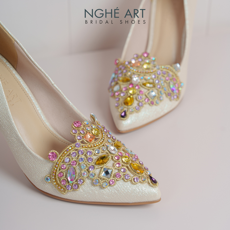 Giày cưới Nghé Art phối đá bling bling 10 phân nhũ vàng champage 562-377-nhu-vang - Ảnh 2 - Nghé Art Bridal Shoes – 0822288288