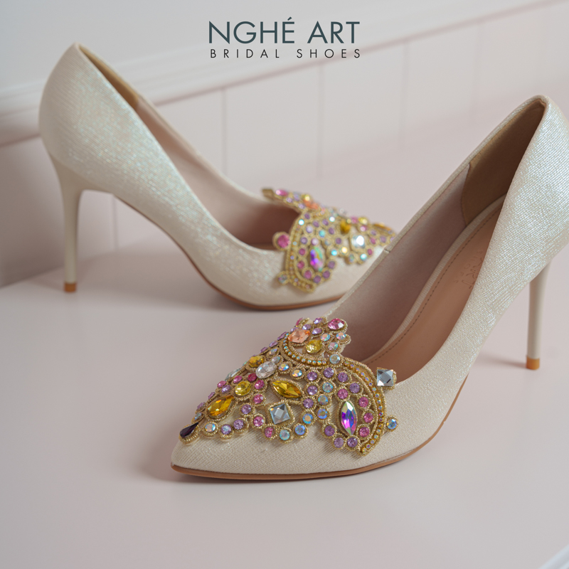 Giày cưới Nghé Art phối đá bling bling 10 phân nhũ vàng champage 562-377-nhu-vang - Ảnh 5 - Nghé Art Bridal Shoes – 0822288288