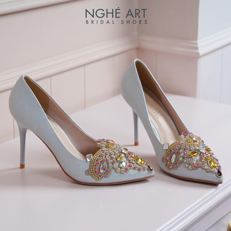 Giày cưới Nghé Art phối đá bling bling 10 phân nhũ xám pastel 562-377-nhu-xam - Ảnh 1 - Nghé Art Bridal Shoes – 0822288288