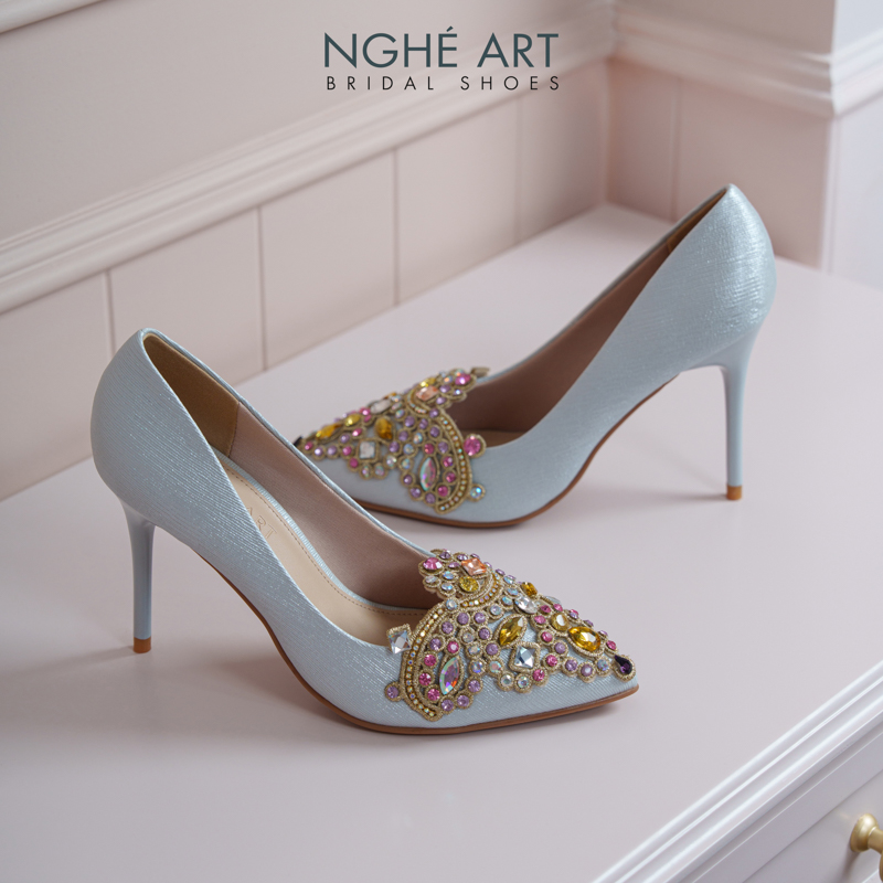 Giày cưới Nghé Art phối đá bling bling 10 phân nhũ xám pastel 562-377-nhu-xam - Ảnh 5 - Nghé Art Bridal Shoes – 0822288288