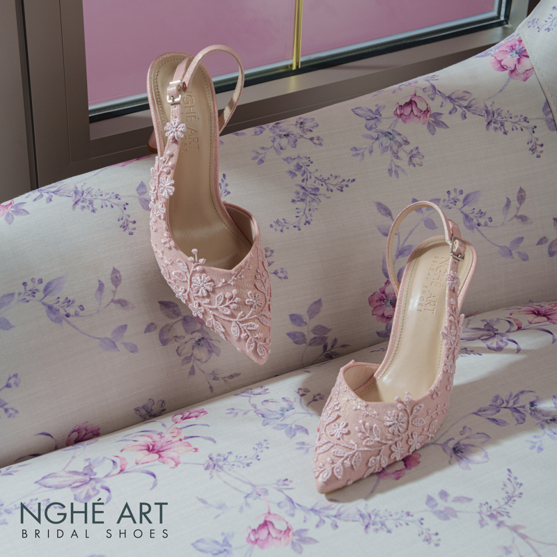 Giày cưới Nghé Art ren thủ công màu hồng pastel 550-535-nhu-hong - Ảnh 2 - Nghé Art Bridal Shoes – 0822288288