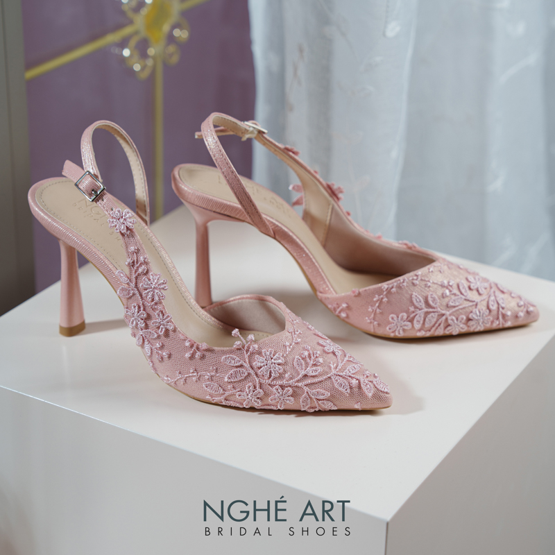 Giày cưới Nghé Art ren thủ công màu hồng pastel 550-535-nhu-hong - Ảnh 5 - Nghé Art Bridal Shoes – 0822288288