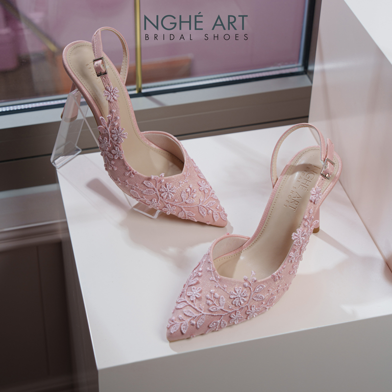 Giày cưới Nghé Art ren thủ công màu hồng pastel 550-535-nhu-hong - Ảnh 6 - Nghé Art Bridal Shoes – 0822288288