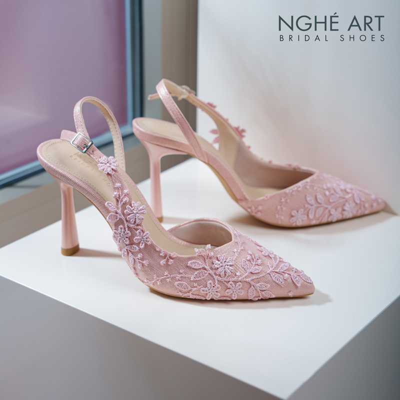 Giày cưới Nghé Art ren thủ công màu hồng pastel 550-535-nhu-hong - Ảnh 7 - Nghé Art Bridal Shoes – 0822288288