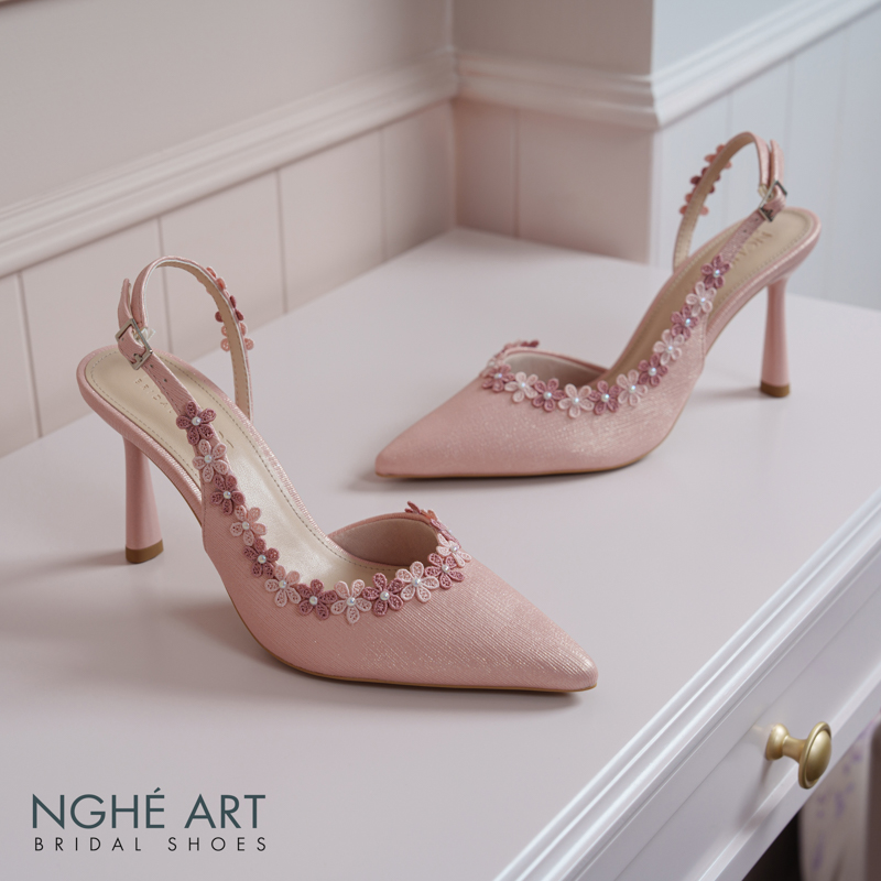 Giày cưới Nghé Art slingback đính kết hoa vintage nhũ hồng 567-535-nhu-hong - Ảnh 1 - Nghé Art Bridal Shoes – 0822288288
