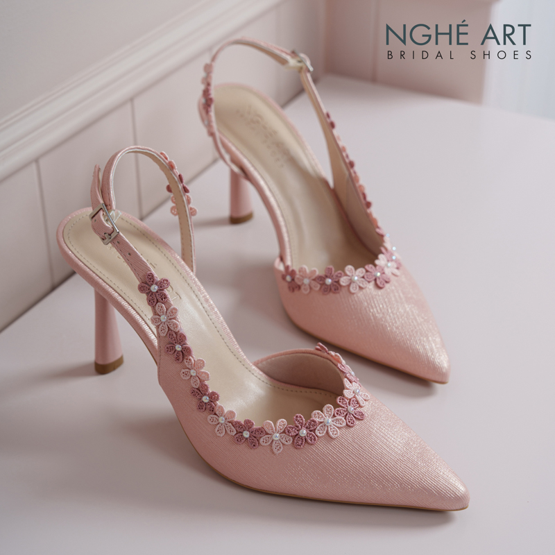 Giày cưới Nghé Art slingback đính kết hoa vintage nhũ hồng 567-535-nhu-hong - Ảnh 2 - Nghé Art Bridal Shoes – 0822288288