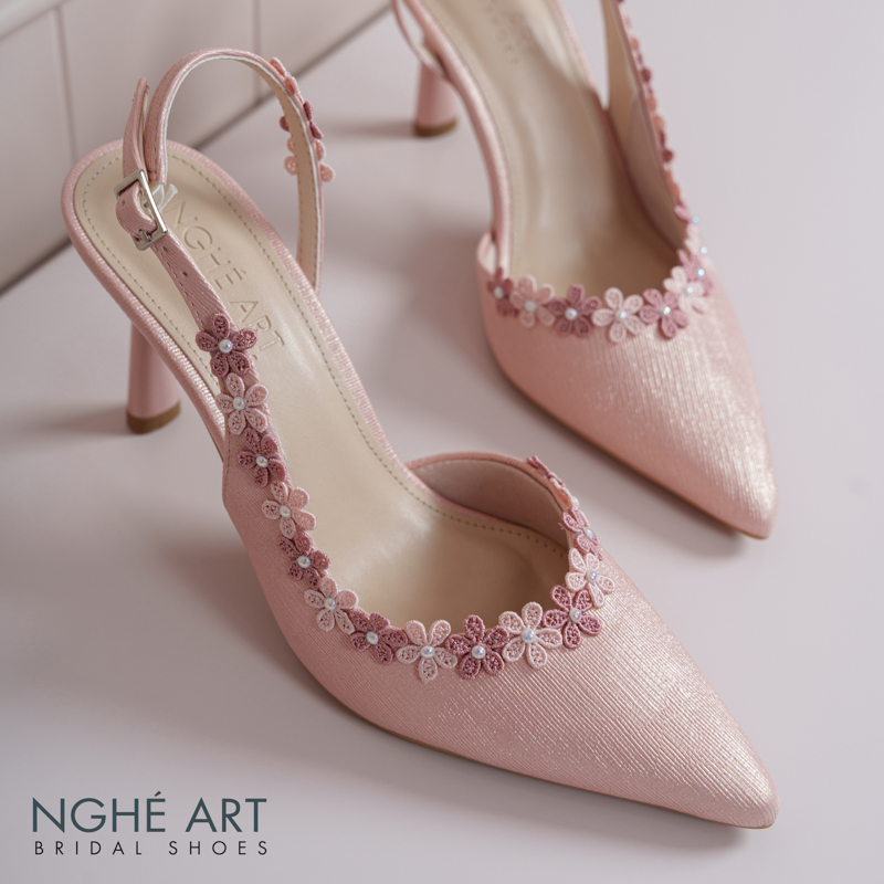 Giày cưới Nghé Art slingback đính kết hoa vintage nhũ hồng 567-535-nhu-hong - Ảnh 3 - Nghé Art Bridal Shoes – 0822288288