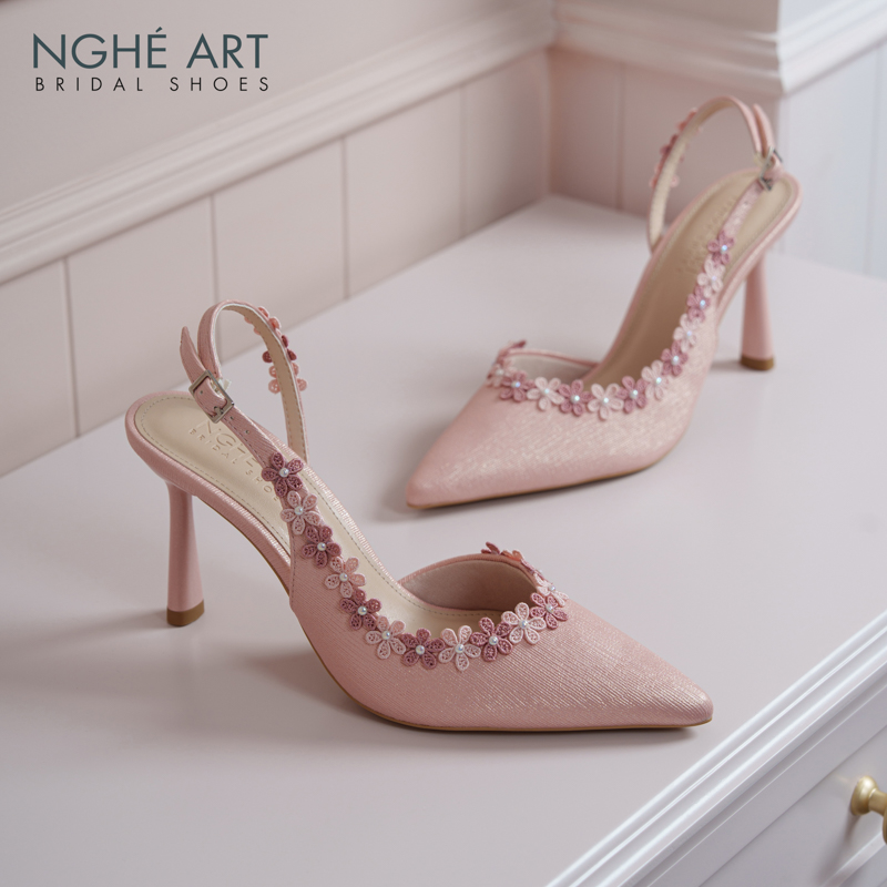 Giày cưới Nghé Art slingback đính kết hoa vintage nhũ hồng 567-535-nhu-hong - Ảnh 4 - Nghé Art Bridal Shoes – 0822288288