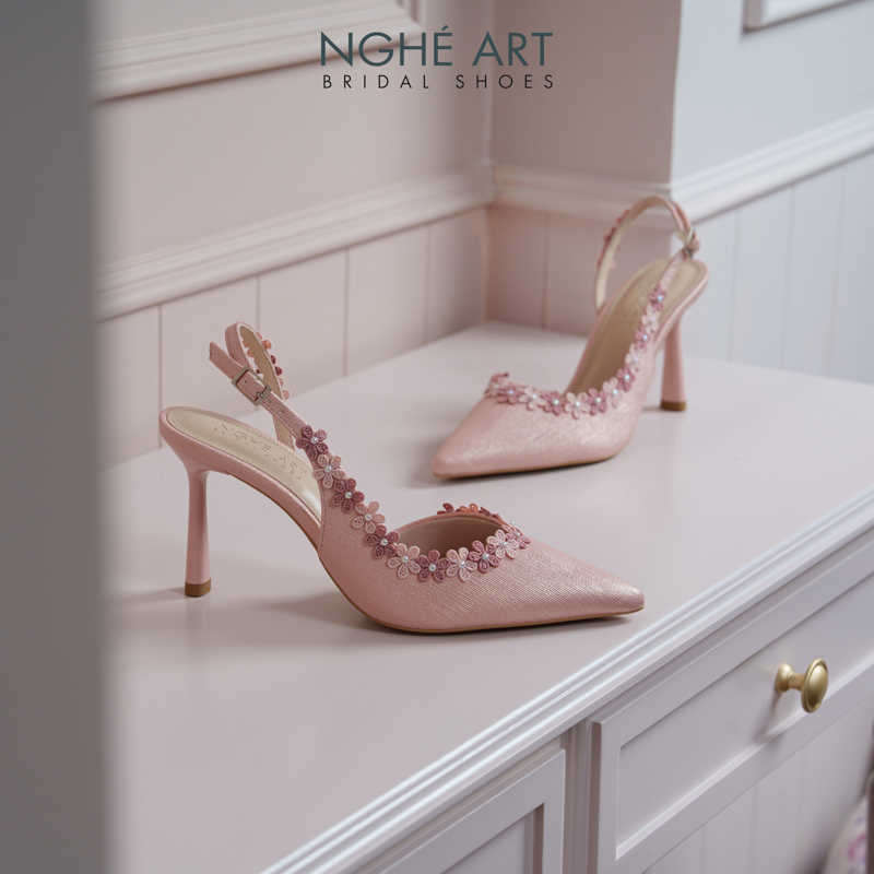 Giày cưới Nghé Art slingback đính kết hoa vintage nhũ hồng 567-535-nhu-hong - Ảnh 5 - Nghé Art Bridal Shoes – 0822288288