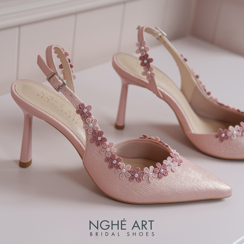 Giày cưới Nghé Art slingback đính kết hoa vintage nhũ hồng 567-535-nhu-hong - Ảnh 6 - Nghé Art Bridal Shoes – 0822288288