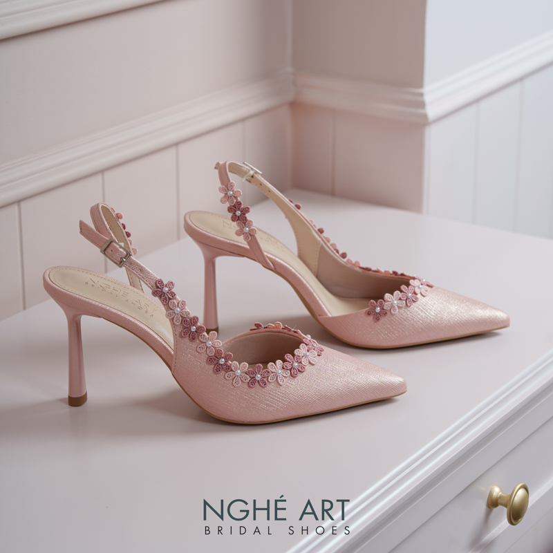 Giày cưới Nghé Art slingback đính kết hoa vintage nhũ hồng 567-535-nhu-hong - Ảnh 7 - Nghé Art Bridal Shoes – 0822288288